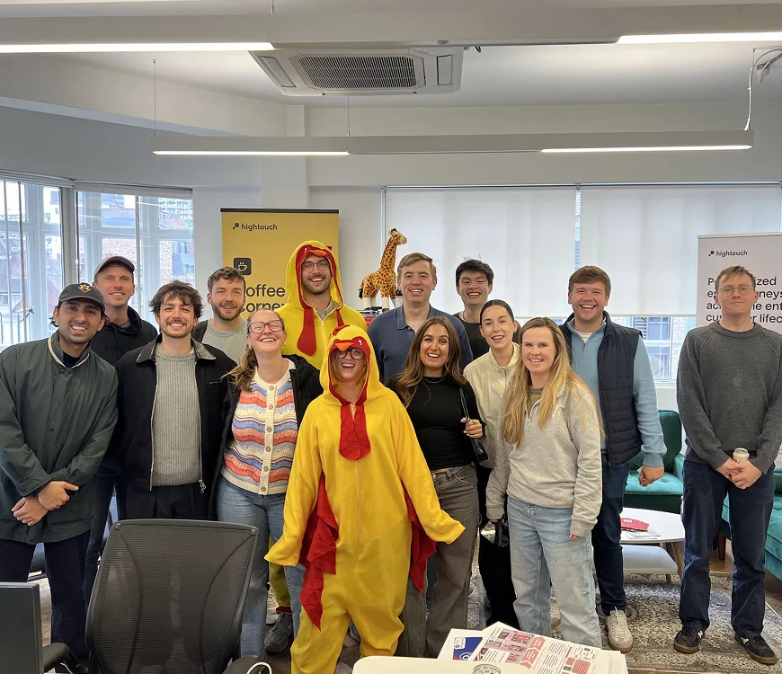 A company team laughing together on a Chicken Rush hunt